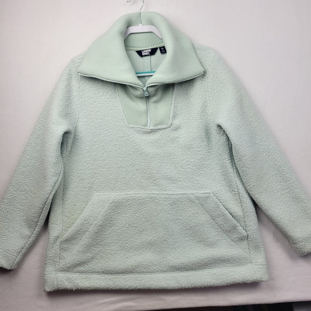 Lands End Womens Sherpa Fleece Quarter Zip Pullover Sweatshirt Light Aqua XL‎